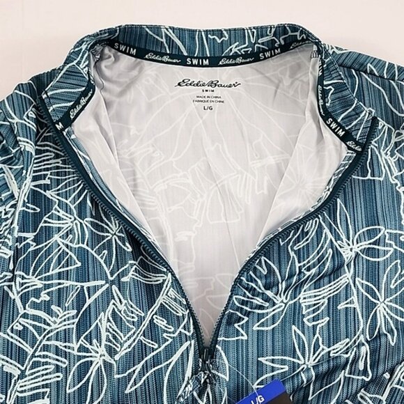 NWT Eddie Bauer Women Swim Top Teal Tropical Print 1/4 Zip Rashguard UPF 50 Sz L - Picture 8 of 14